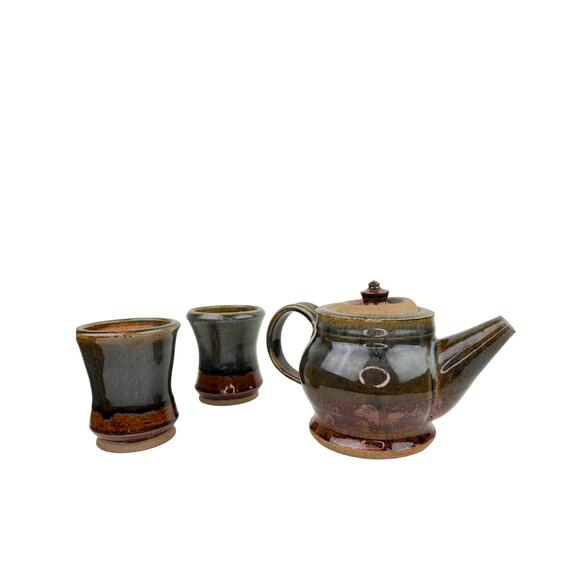 Brown Green Ceramic Hand Thrown Pottery Decorative Cup & Teapot Tea Set 3-Piece - Picture 1 of 12